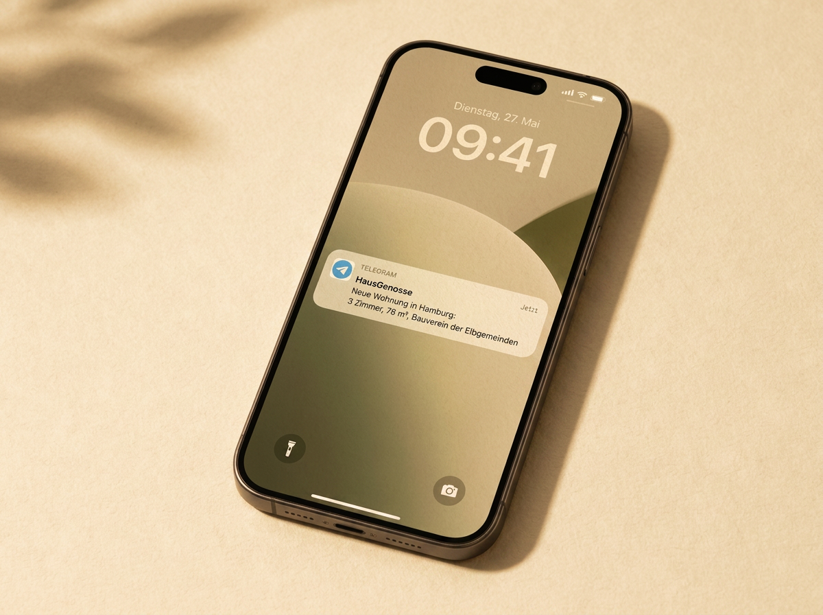 Smartphone mit einer HausGenosse-Telegram-Benachrichtigung über eine neue Genossenschaftswohnung in Hamburg
